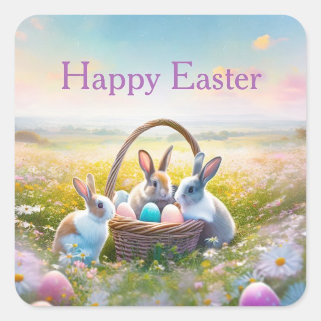 Pegatina Cuadrada Abundantes de Pascua revisando los huevos de Pascu (Anverso)