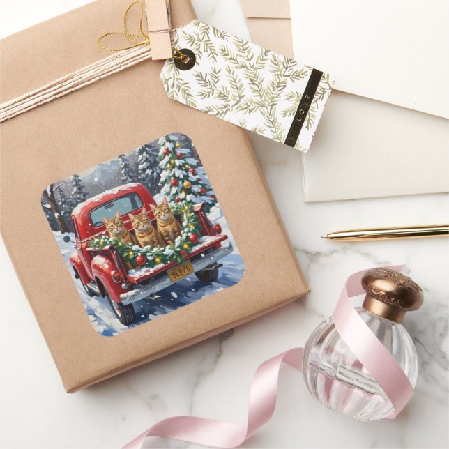 Pegatina Cuadrada Abyssinian Cat Christmas Red Truck Holiday (Regalar)