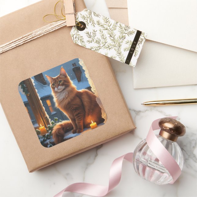 Pegatina Cuadrada Abyssinian Cat With Christmas Lights Holiday (Regalar)