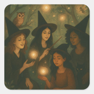 Pegatina Cuadrada Aceite de Halloween pintando brujas en los bosques