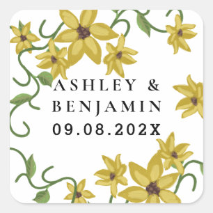 Pegatina Cuadrada Aceite floral botánico amarillo de girasol dibujad