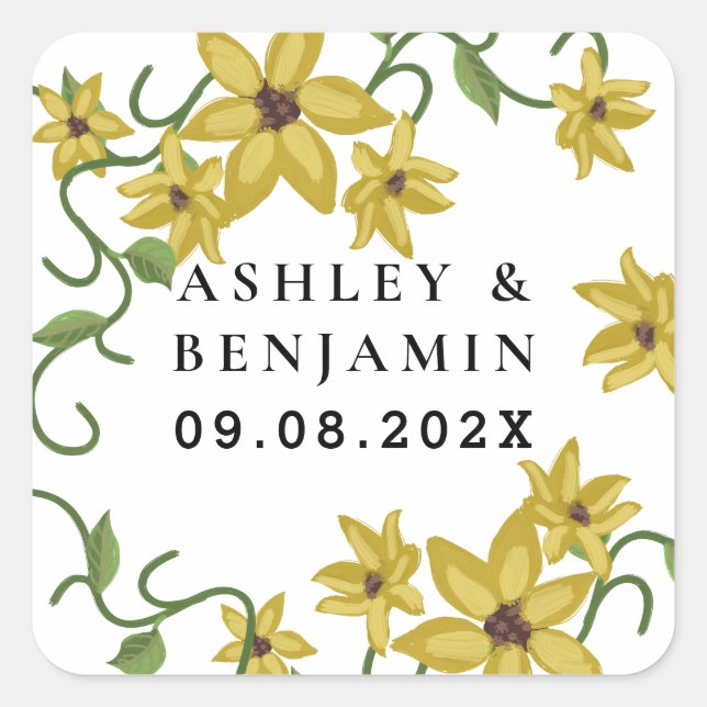 Pegatina Cuadrada Aceite floral botánico amarillo de girasol dibujad (Anverso)
