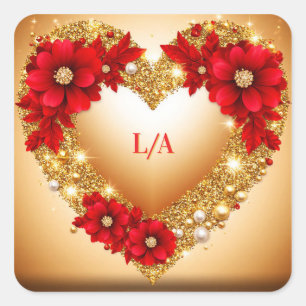 Pegatina Cuadrada 💎 Acento de Corazón Floral Rojo para Papelería de
