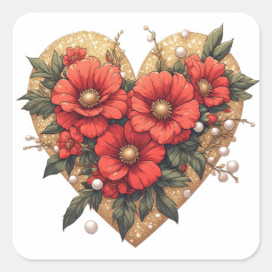 Pegatina Cuadrada 💎 Acento de Corazón Floral Rojo para Papelería de