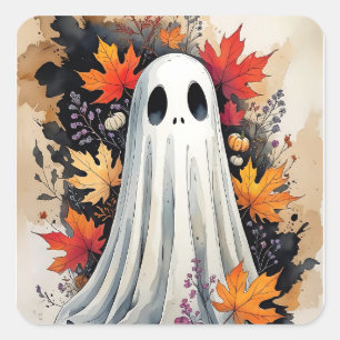 Pegatina Cuadrada Acogedor Fantasma De Otoño - Kawaii Halloween acua