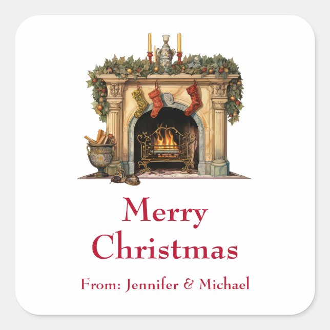 Pegatina Cuadrada Acogedor regalo de Navidades de la chimenea victor (Anverso)