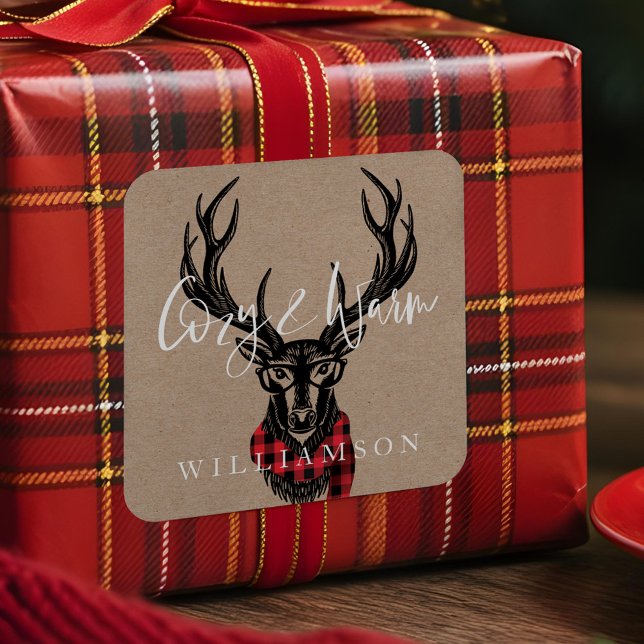 Pegatina Cuadrada Acogedor y acogedor | Familia de renos Red Buffalo (Cozy & Warm | Red Buffalo Plaid Reindeer Family Square Sticker)