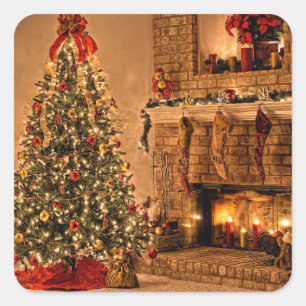 Pegatina Cuadrada Acogedora sala de árbol de navidad
