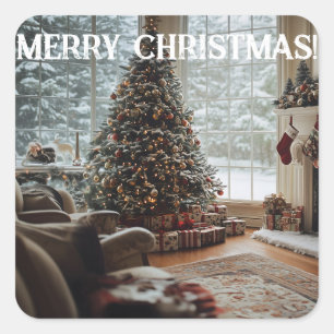 Pegatina Cuadrada Acogedoras habitaciones Navidades, chimenea, árbol
