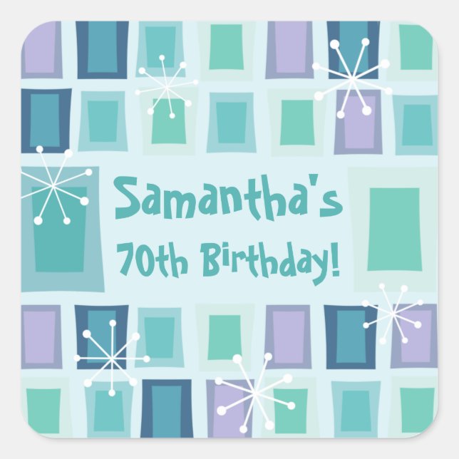 Pegatina Cuadrada Acuamarina de Cumpleaños Moderno de Mediosiglo 70 (Anverso)