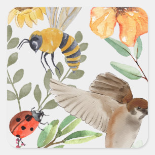Pegatina Cuadrada Acuarela Abeja, Gorrión y Flor Silvestre Papel Pla