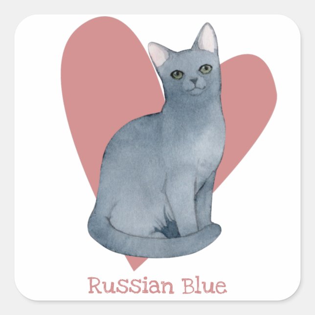 Pegatina Cuadrada Acuarela azul de gato ruso Corazón gitano rosado (Anverso)