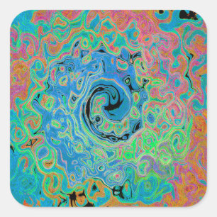 Pegatina Cuadrada Acuarela Azul Groovy Abstracto Retro Bañón Líquido