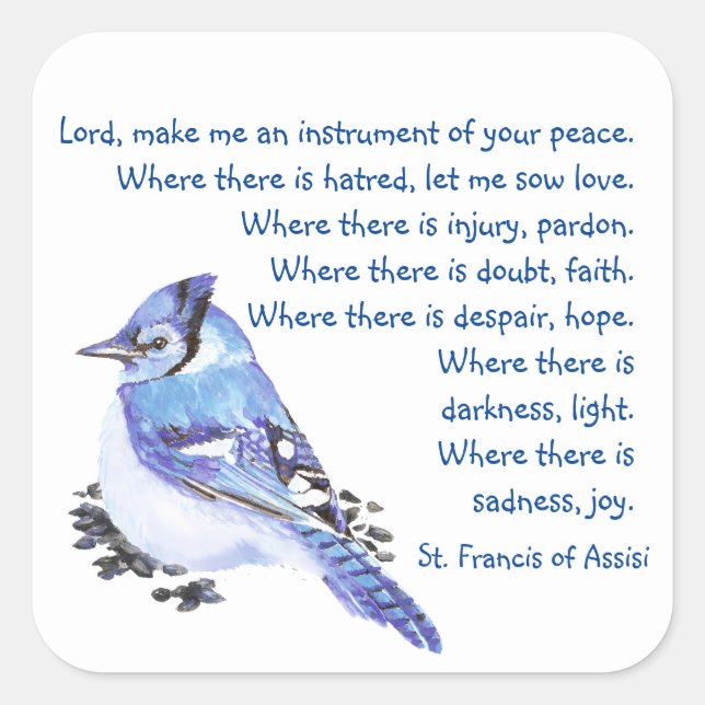 Pegatina Cuadrada Acuarela Azul Jay Bird St Francis Prayer (Anverso)