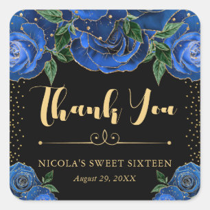 Pegatina Cuadrada Acuarela Azul y Rosas Doradas Glam Sweet 16