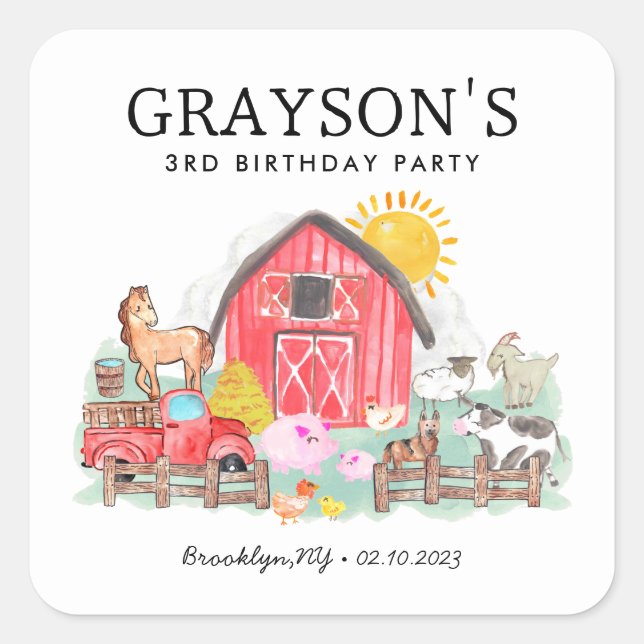 Pegatina Cuadrada Acuarela Barnyard Animales Niños Granja Cumpleaños (Anverso)
