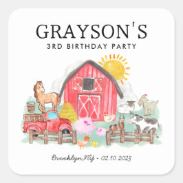 Pegatina Cuadrada Acuarela Barnyard Animales Niños Granja Cumpleaños