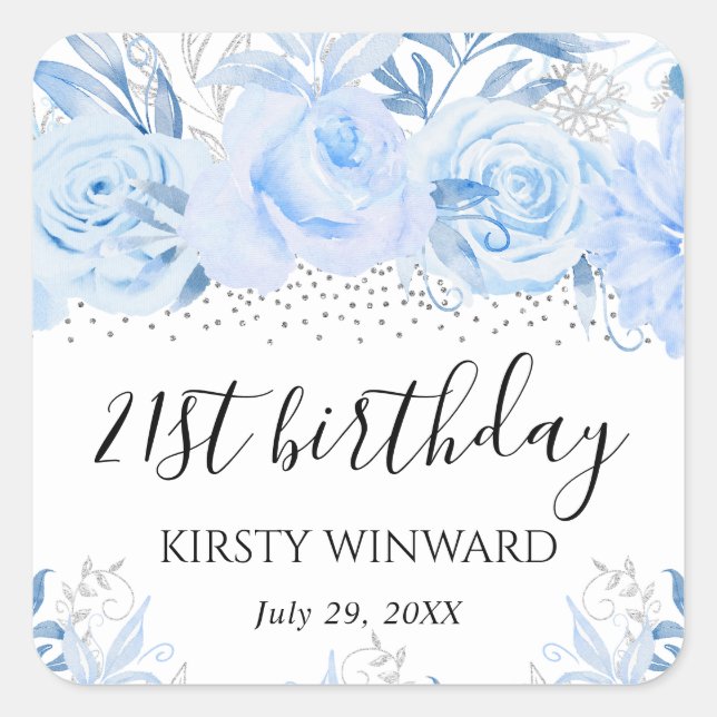 Pegatina Cuadrada Acuarela Bebé Azul Flores de Invierno Cumpleaños (Anverso)