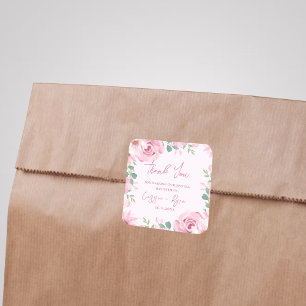 Pegatina Cuadrada Acuarela Boda Floral Rosa Gracias Plaza