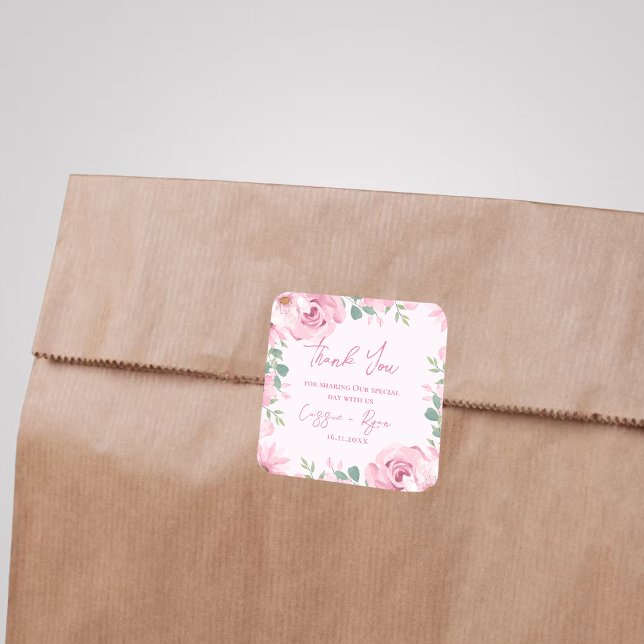 Pegatina Cuadrada Acuarela Boda Floral Rosa Gracias Plaza (Watercolor Pink Floral Wedding Thank You Square Square Sticker)