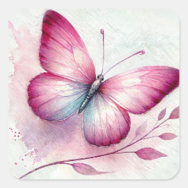 Pegatina Cuadrada Acuarela Botánica Rosa Mariposa