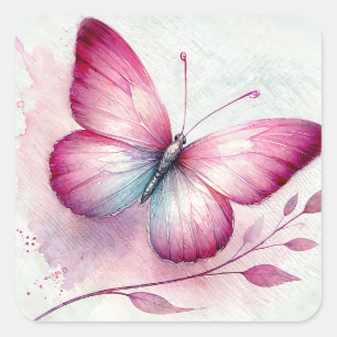 Pegatina Cuadrada Acuarela Botánica Rosa Mariposa