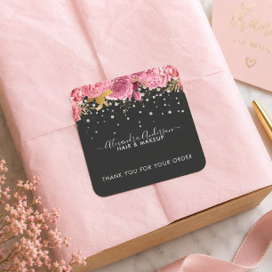 Pegatina Cuadrada Acuarela Botánico Flores Rosadas Diamantes Brillan