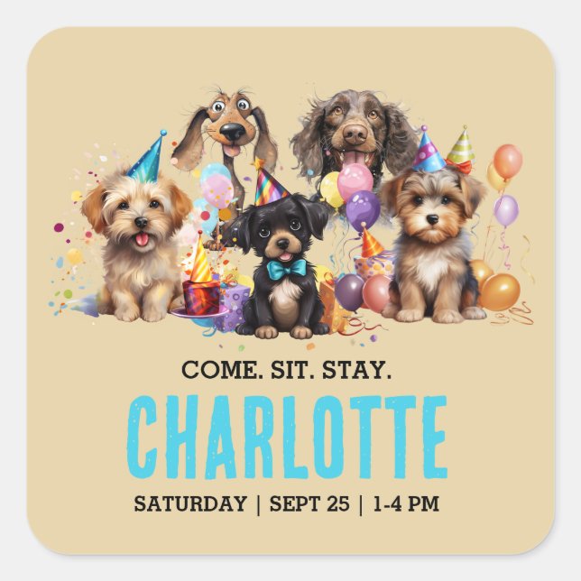 Pegatina Cuadrada Acuarela Cachorro de perro travieso cumpleaños (Anverso)