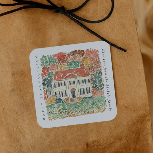 Pegatina Cuadrada Acuarela Casa Georgiana Otoñal Día de Acción de Gr (Watercolor Thanksgiving Autumnal Georgian House Square Sticker)