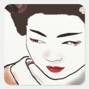 Pegatina Cuadrada Acuarela Chica Geisha