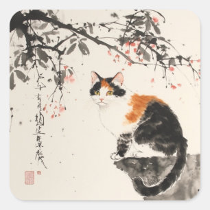 Pegatina Cuadrada acuarela china - gato calico