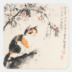 Pegatina Cuadrada acuarela china - gato calico