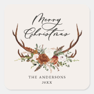 Pegatina Cuadrada acuarela ciervo floral feliz navidad