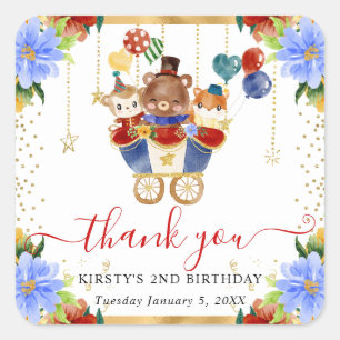 Pegatina Cuadrada Acuarela Circo Animales Tren Aniversario Floral