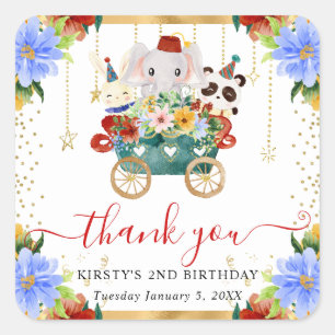 Pegatina Cuadrada Acuarela Circo Animales Tren Aniversario Floral