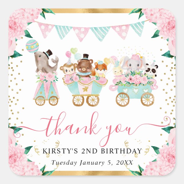 Pegatina Cuadrada Acuarela Circo rosa Animales Cumpleaños Floral (Anverso)