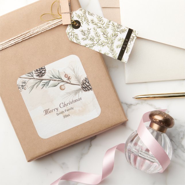 Pegatina Cuadrada Acuarela Color neutro Árbol de Navidad (Regalar)