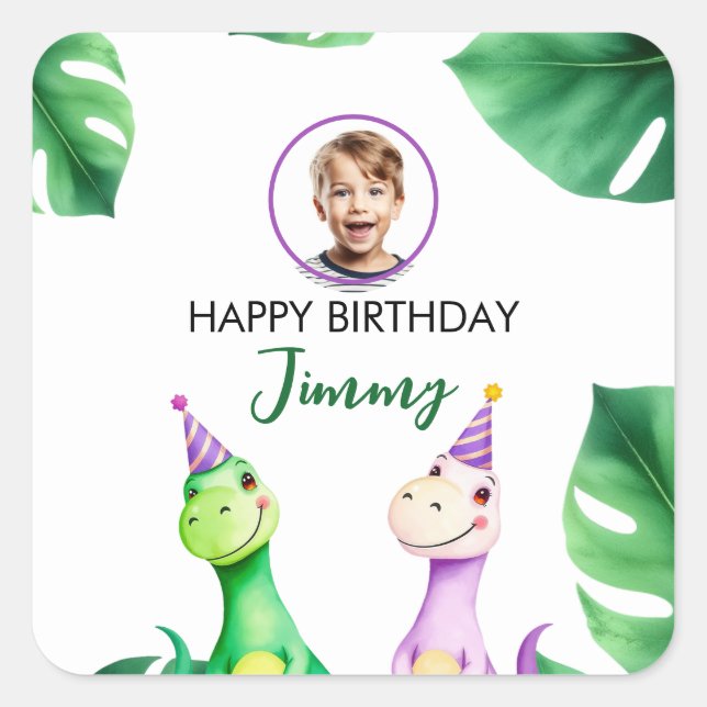 Pegatina Cuadrada Acuarela Colorful Trex Kids Foto Cumpleaños (Anverso)