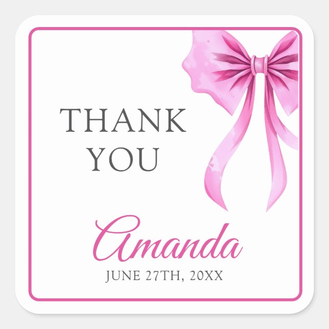 Pegatina Cuadrada Acuarela Coquette rosa Bow Sweet 16 Cumpleaños (Anverso)