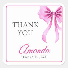 Pegatina Cuadrada Acuarela Coquette rosa Bow Sweet 16 Cumpleaños
