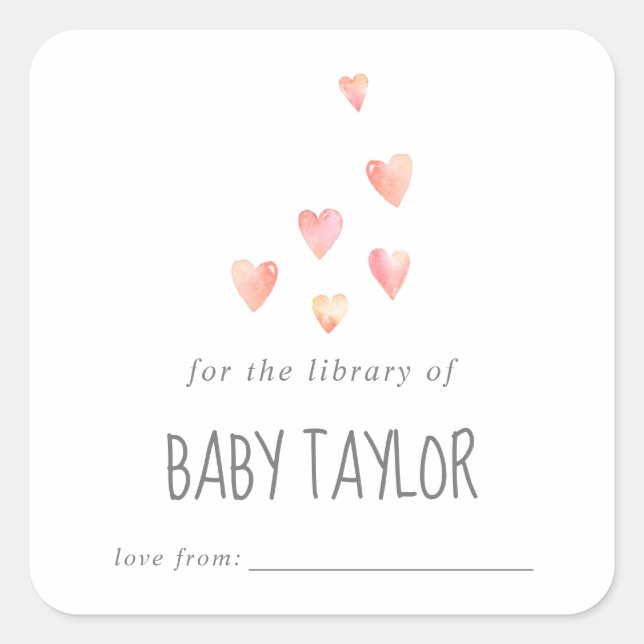 Pegatina Cuadrada Acuarela Corazones Chica Baby Shower Bookplate (Anverso)