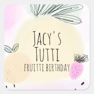 Pegatina Cuadrada Acuarela Cumpleaños de Frutas Dibujadas a Mano Fie