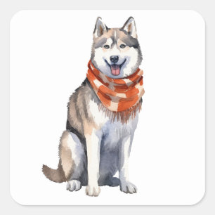 Pegatina Cuadrada Acuarela Cute Perro Husky Siberiano