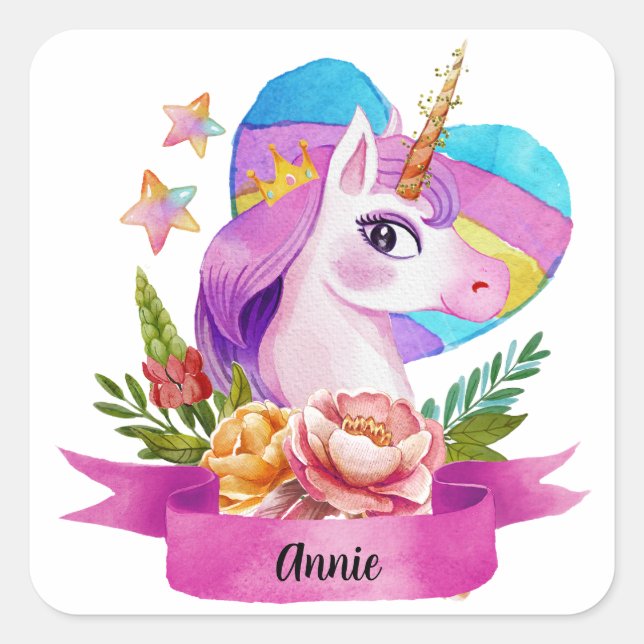 Pegatina Cuadrada Acuarela Cute Unicorn Nombre personalizado (Anverso)