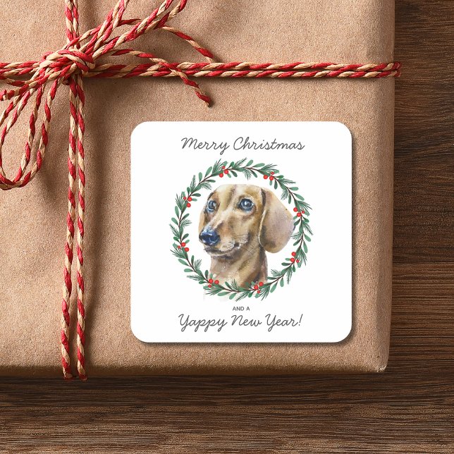 Pegatina Cuadrada Acuarela Dachshund Dog Feliz Navidad Wreath (All text is editable and can be altered (or removed) as required.  See collection for other items)