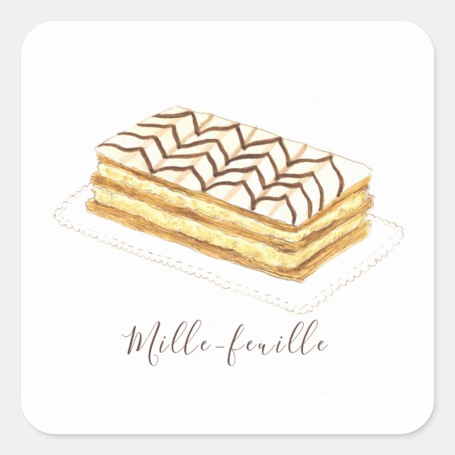 Pegatina Cuadrada Acuarela de bollería de Mille-feuille (Anverso)