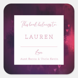 Pegatina Cuadrada Acuarela de bonito Corazones Valentine Bookplate