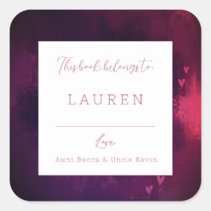 Pegatina Cuadrada Acuarela de bonito Corazones Valentine Bookplate