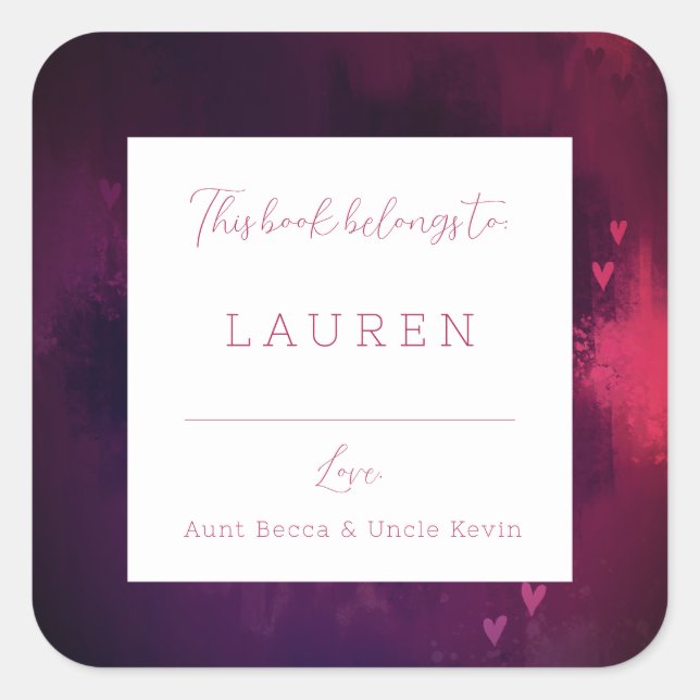 Pegatina Cuadrada Acuarela de bonito Corazones Valentine Bookplate (Anverso)