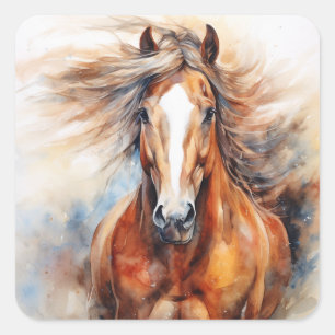 Pegatina Cuadrada Acuarela de caballo marrón y blanco